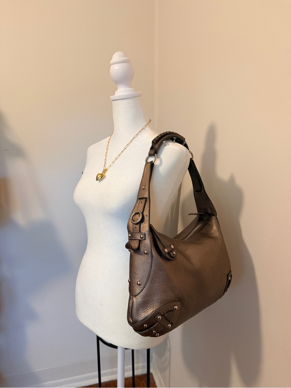 Furla | Vintage Metallic Taupe Pebbled Leather Hobo‎ Shoulder Bag - Picture 15 of 15